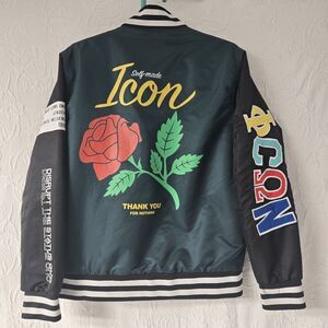Rue21 Greek Varsity Green Jacket Women Small Embroidered Patchwork Striped Rose